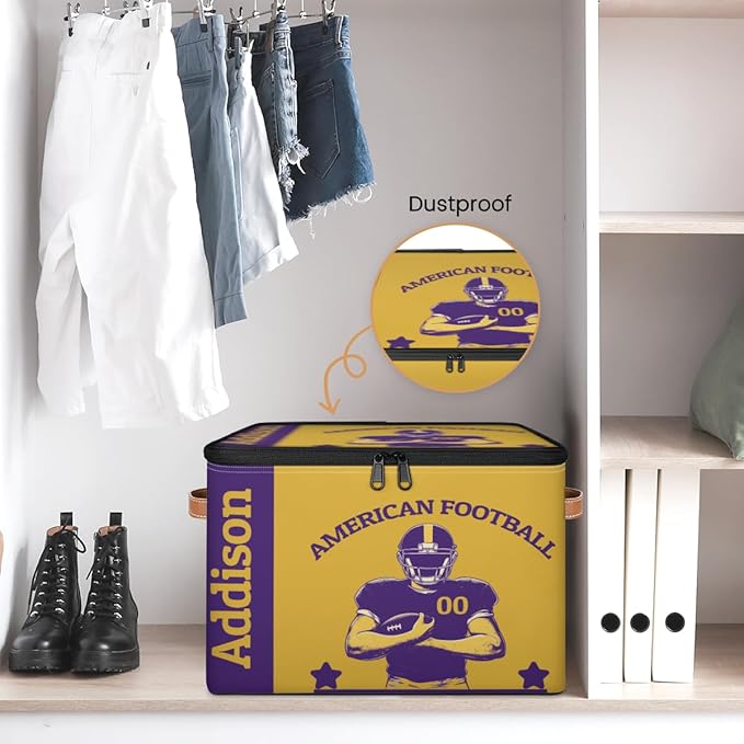 Custom Storage Bins with Zipper Lid American Football Personalized Foldable Storage Baskets Sport Closet Shelf Clothes Organizer Cube with PU Leather Handles