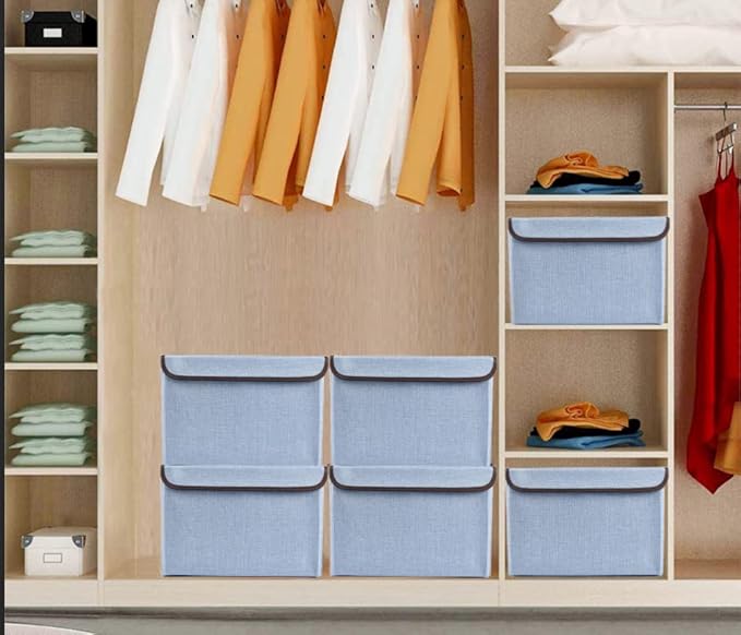 Bagnizer Foldable Storage Bins with Lids Decorative Storage Baskets Large Storage Boxes for Home Office Bedroom Closet Blue Medium 4 Pack 14.6 x 9.5 x 9.5”