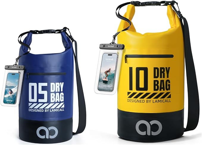 Lamicall 5L &amp 10L Dry Bag Waterproof Backpack - [Zippered Pocket] Roll Top Waterproof Bag Navy Blue &amp Lemon Yellow