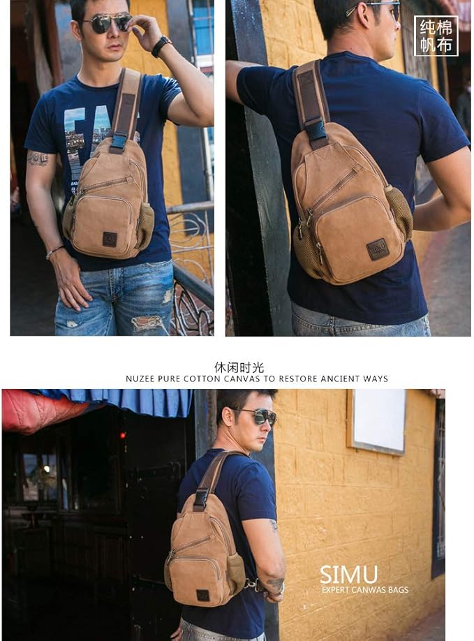 SIMU Sling Bag Pack Canvas Shoulder Sling Backpack Small Crossbody Chest Bag for ipad mini (Large brown)