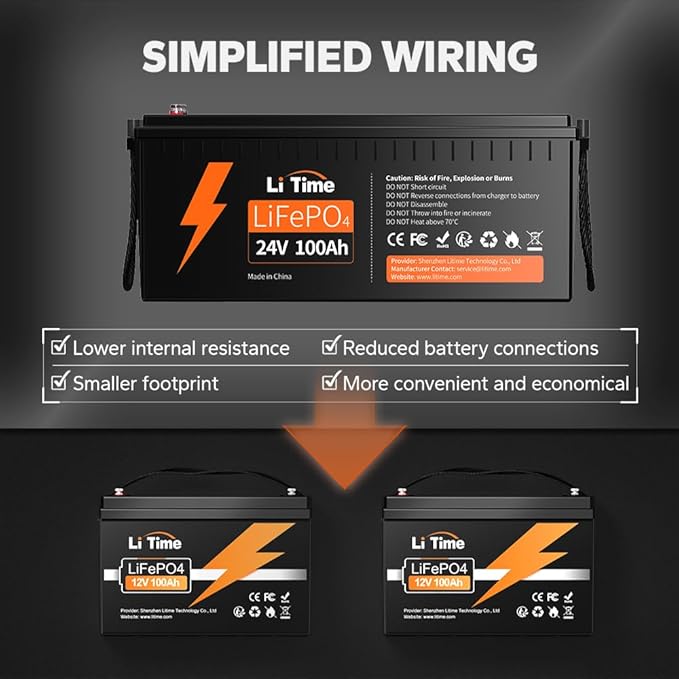LiTime 24V 100Ah LiFePO4 Lithium Battery with 29.2V 40A LiFePO4 Battery Charger Built-in 100A BMS Up to 15000 Cycles Max. 2560W Load Power for RV/Camper Solar Trolling Motor Marine Off-Grid