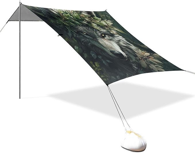 ALAZA Wolf King of Forest Beach Tent Sun Shelter UPF50+ Protection Beach Shade Canopy w/ 4 Sandbags for Outdoor Camping Fishing Backyard Fun Picnic 10x9 ft