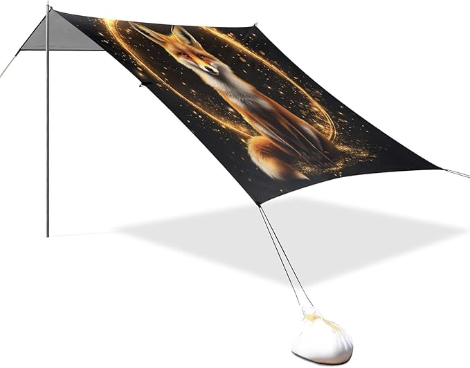 ALAZA Magic Fox Sitting Beach Tent Sun Shelter UPF50+ Protection Beach Shade Canopy w/ 4 Sandbags for Outdoor Camping Fishing Backyard Fun Picnic 10x9 ft