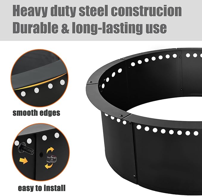 SoulMate Outdoor 45-Inch Outer/39-Inch Inner Fire Pit Ring SmokelessDuty Solid Metal Steel Round Firepit Rim Insert for DIY Fire Pits Outdoor Above or In-Ground Camping Garden Patio Backyard.