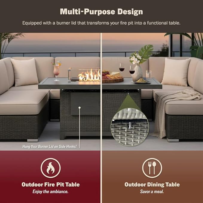 52-Inch Propane Fire Pit Table Rectangular 50000 BTU Outdoor Gas Fire Pit for Patio &amp Backyard Aluminum Frame 2-in-1 Firepit Dining Table with Glass Wind Guard Rain Cover and Blue Glass Rocks Bro