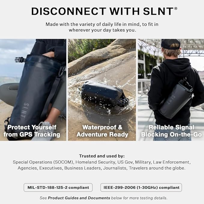 SLNT Waterproof Faraday Dry Bag - 420D Waterproof Nylon Signal Blocking Backpack - Protects Electronics from Water Spying Hacking - Blocks RFID WiFi Bluetooth NFC Cellular GPS EMF (5 Liter)