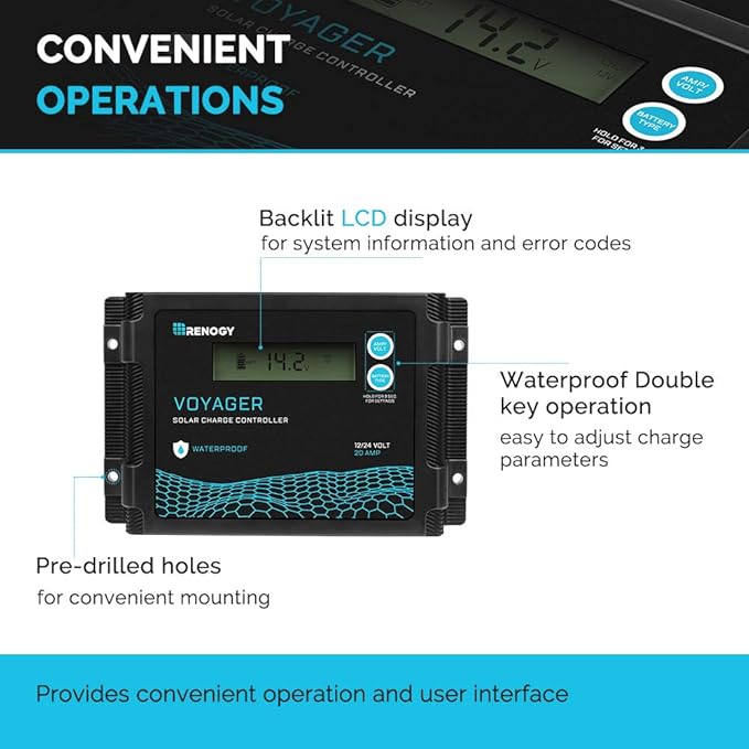 Renogy Voyager 20A 12V/24V PWM Waterproof Solar Charge Controller w/ LCD Display for AGM Gel Flooded and Lithium Battery Used in RVs Trailers Boats Yachts Voyager 20A