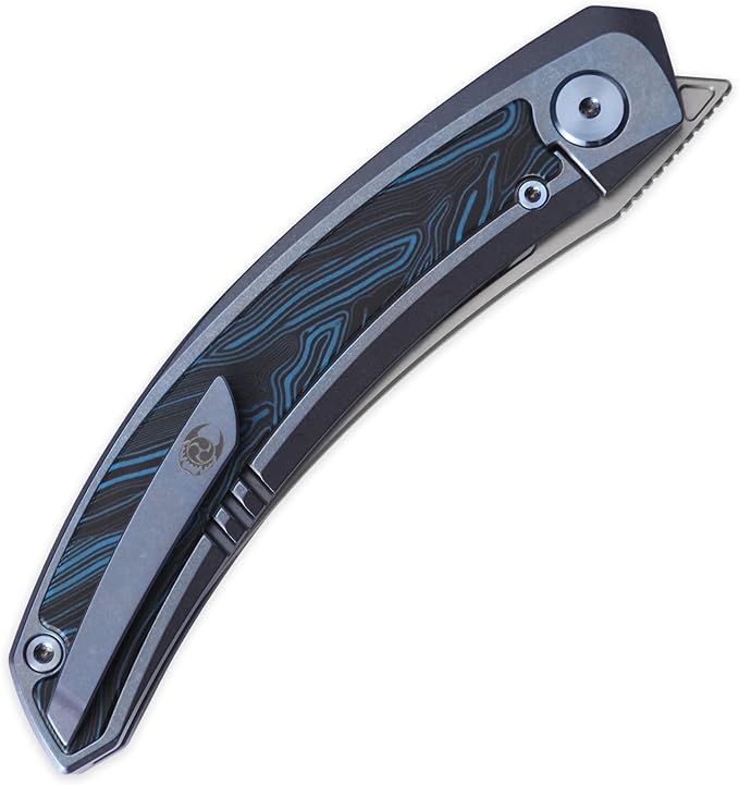 CavolKnife Kamasu Front Flipper Folding Knife3.74 M390 Steel Blade Persian Knife 6AL4V Titanium &amp Gmascus Handle Pocket KnifeTitanium Pocket Clip (Blue-ceramic)