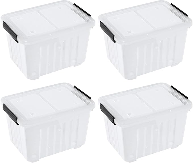 30 L Clear Latching Storage Bin with Wheels 4 Packs Plastic Storage Container Boxes with Lids