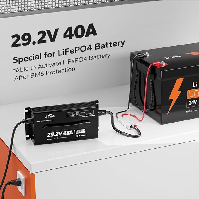 LiTime 24V 100Ah LiFePO4 Lithium Battery with 29.2V 40A LiFePO4 Battery Charger Built-in 100A BMS Up to 15000 Cycles Max. 2560W Load Power for RV/Camper Solar Trolling Motor Marine Off-Grid