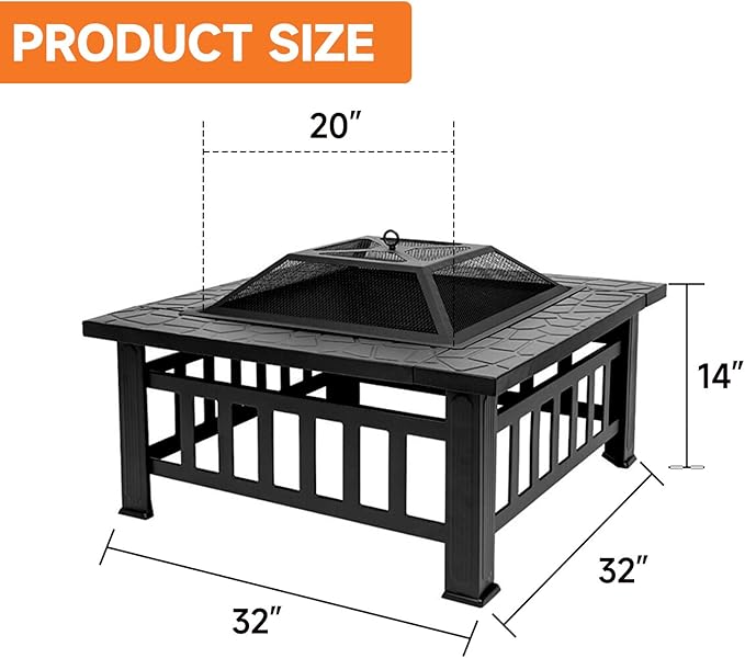 32 Fire Pit Table with Mesh Lid Wood Burning Fireplace/Firepit with Poker and Accessories