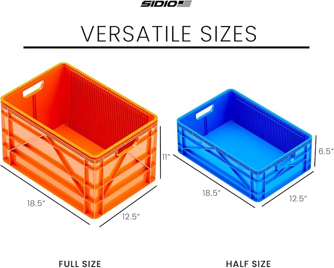 SIDIO Crate Basic Pack - 2 Full-Size &amp 1 Half-Size Heavy Duty Stackable Storage Bins Totes and Containers with Dividers - Durable Plastic Organizer for Home Office Garage and Outdoor Use