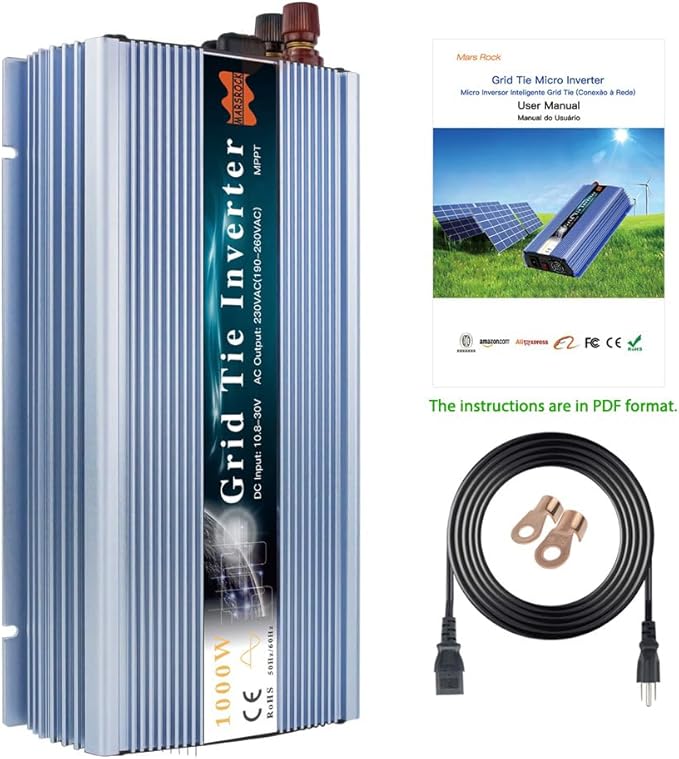 Marsrock 1000W MPPT Pure Sine Wave Grid-Tie Micro Inverter Converts 20-50V DC to 110V/120V AC Perfect for Home Solar or Wind Power Systems.