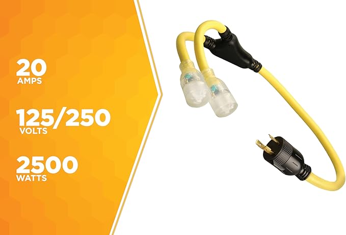 Coleman Cable 01915 3-Feet Generator Power Cord Adapter 10/3 Splitter Y Adapter L5-30P to (2) Lighted 5-20R
