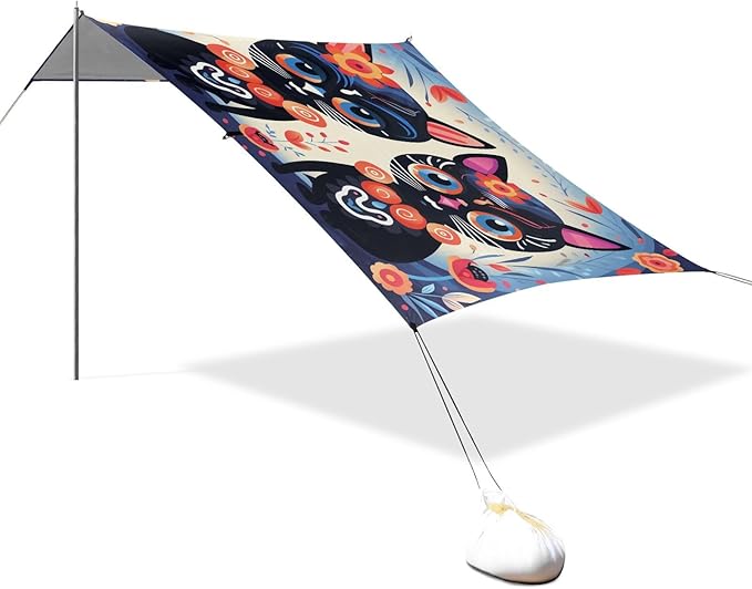 ALAZA Sugar Skull Cat Cute Beach Tent Sun Shelter UPF50+ Protection Beach Shade Canopy w/ 4 Sandbags for Outdoor Camping Fishing Backyard Fun Picnic 10x9 ft