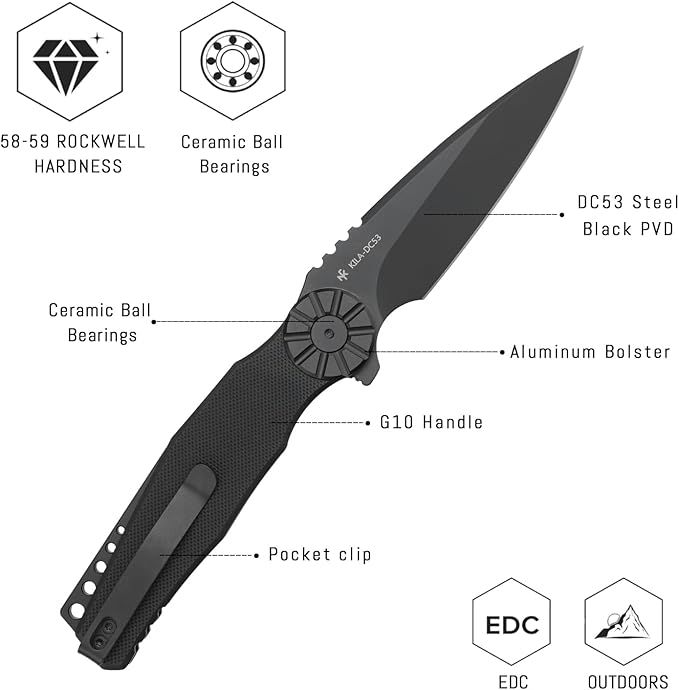 Folding Knives - EDC Pocket Knife For Man Aluminum Bolster + G10 with Clip for Camping 3.15 DC53 Steel Blade KILA-BGB(PVD).