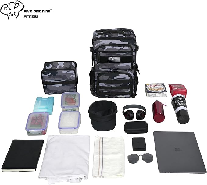 519 Fitness [Tactical All-Around] Modular Meal Prep Backpack - Grey Camouflage - Fits 17 Laptop - Removable Meal Part Hydration Bladder 3 Containers 2 Ice Packs &amp US Flag Patch