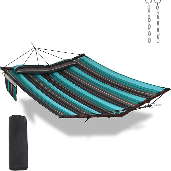 TegerDeger 12FT 2 Person Hammock Large Hammock 450LB Capacity with V Shaped Hardwood Spreader Bar &amp Nylon Rope for Outside Patio Garden Backyard Beach Poolside - Teal Stripes