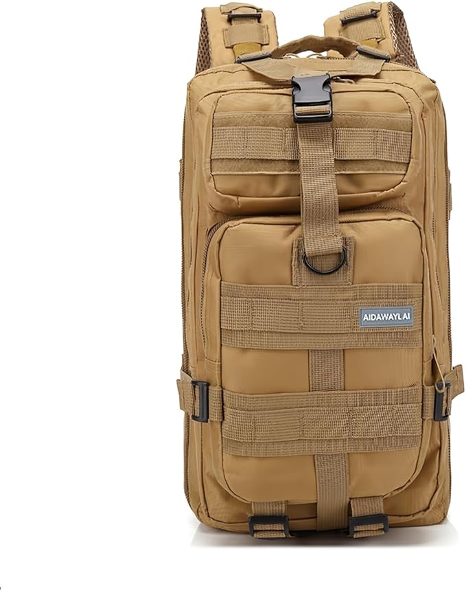 30L Comfortable Durable Military Tactical Backpack w/USA Flag Patch MOLLE Hiking Camping Travel Bag(khaki)