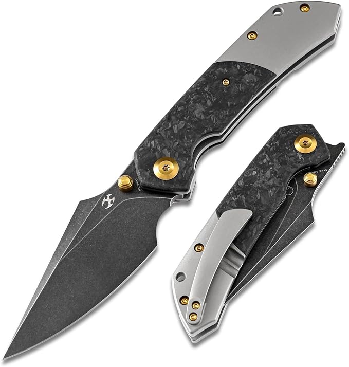 KANSEPT Fenrir Pocket Knife 3.48 Blackwash CPM S35VN Harpoon Blade Titanium Handle Shred Carbon Fiber Inlay Thumb Stud &amp Liner Lock with Deep Clip EDC Knives for Camping Hunting Survival K1034