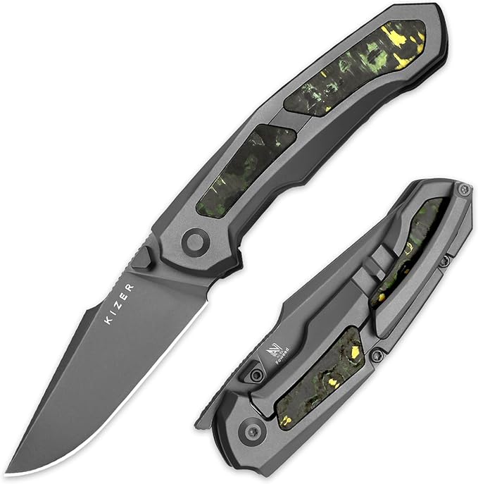 Kizer Feweed Pocket Knife 2.98 S90V Clip Point Blade Folding Knife with Titanium &amp Fat Carbon Toxic Storm Handle Front Flipper &amp Thumb Stud Opener EDC Knives for Camping Hiking KI3694A2