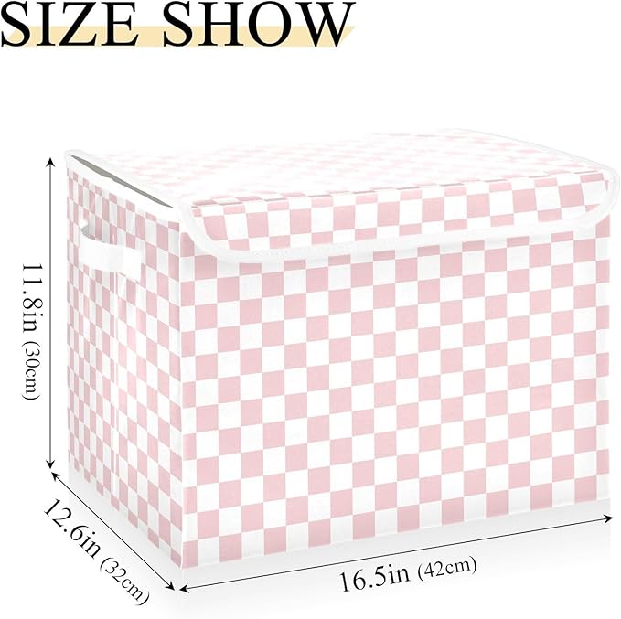 Light Pink White Checkerboard Storage Baskets Lidded Bin Foldable Storage Boxes Cubes Lids with 2 Handles for Organizing Closet Home Office
