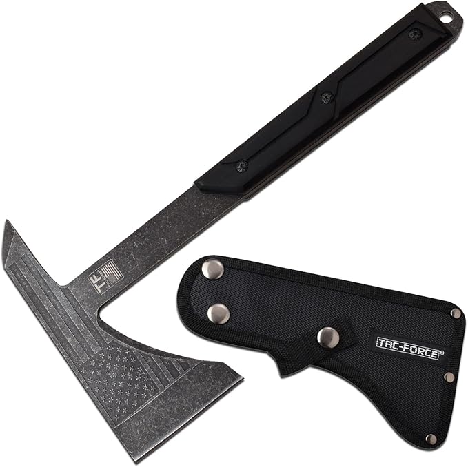 TAC-FORCE Tomahawk – Axe - Stonewash Finish Stainless Steel Blade w/Etched U.S.A. Flag Black Wood Handle Full Tang Construction Includes Nylon Sheath Tactical EDC Rescue - TF-AXE001SW