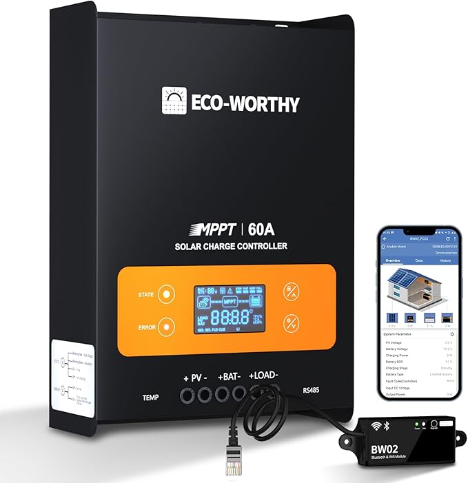 ECO-WORTHY 60A MPPT Solar Charge Controller with Bluetooth&ampWiFi Max PV Input 150V12/24/36/48V Solar Panel Regulator for Lead-Acid/Lifepo4 Battery in Solar System RV