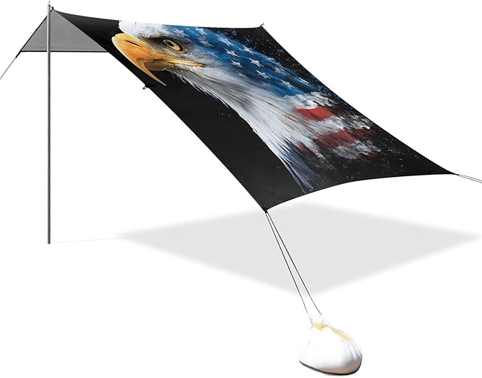 ALAZA Eagle American Flag Beach Tent Sun Shelter UPF50+ Protection Beach Shade Canopy w/ 4 Sandbags for Outdoor Camping Fishing Backyard Fun Picnic 10x9 ft