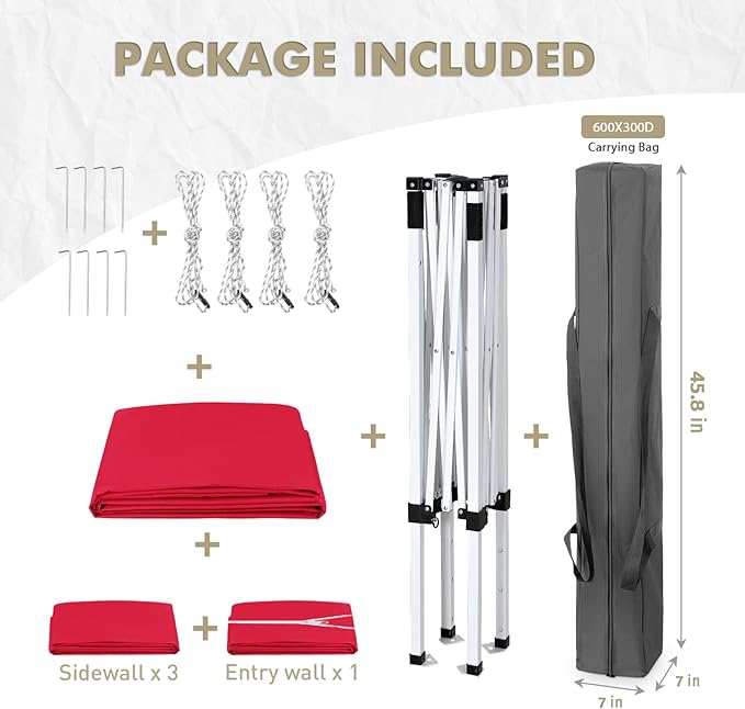 EAGLE PEAK 5x5 Instant Canopy with 4-Side Wall Panels Small Pop up Portable Canopy Tent with Carry Bag Light Weight Sun Shelter for Sports Camping and Beach Red