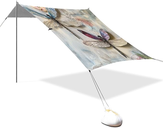 ALAZA Dragonflies Newspaper_Floral Beach Tent Sun Shelter Portable Canopy Sunshade for Outdoor Camping Picnics Backyard Fun 10x9 ft