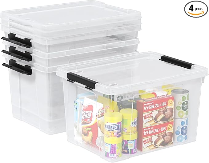 4-Pack 22 Quart Plastic Storage Bins with Wheels Latching Storage Box Bin Clear