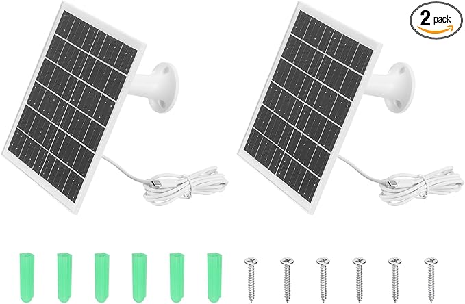MECCANIXITY 2 Pcs Solar Panel for Ring Camera 5W 6V USB Solar Panel Charger with 6ft Type-C Port Cable 360°Adjustable Wall Mount for Security Outdoor Bird Feeder IP65 Waterproof Mono White