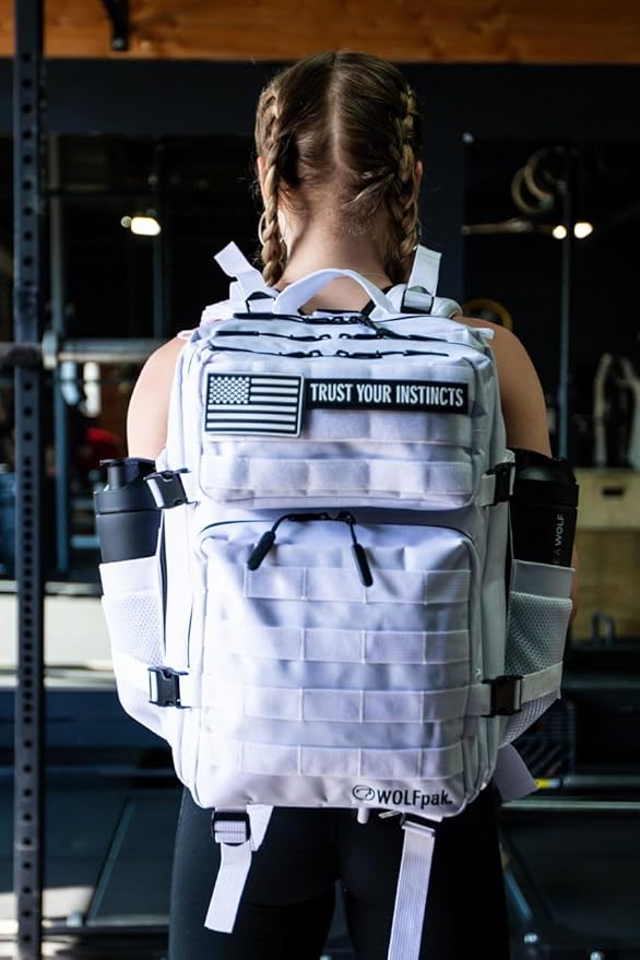 WOLFpak 35L Tactical Gym Backpack (Polar White) Durable 1000D Waterproof Oxford Material with MOLLE Webbing Laptop Pocket &amp Dual Cup Holders Durable Fitness/Travel/Military Daypack