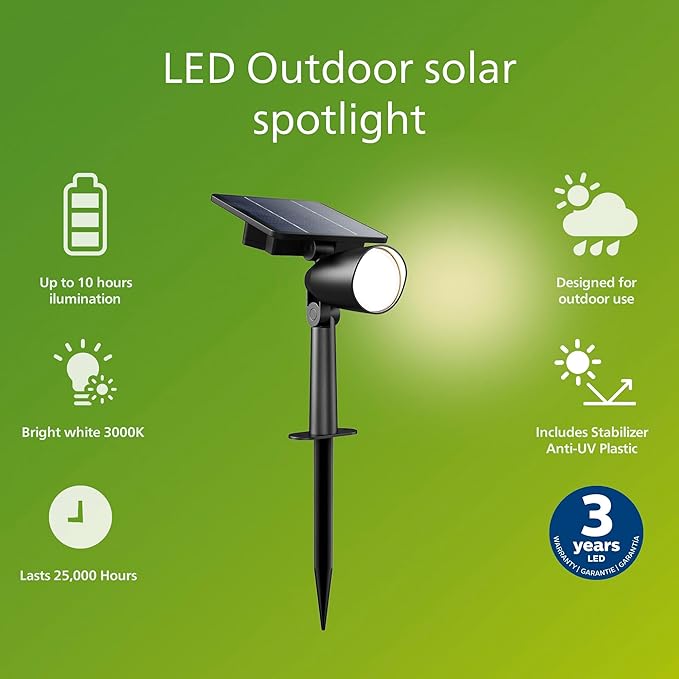 Philips LED Ashlyn Solar Spotlight 1-Pack Long-Lasting Landscape Path Light Bright White Light 3000K High Lumen 100 Lumens Wall or Ground Spot IP44