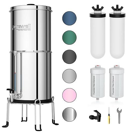 Purewell 8-Stage Gravity Fed Water Filter System 2.25 Gallon Stainless Steel Countertop System with 4 Filters Metal Water Level Spigot and Stand Reduce Fluoride and Chlorine PW-OBT-CF