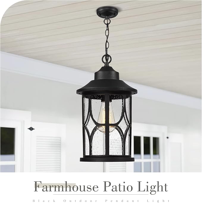 zeyu Outdoor Hanging Light Fixture - 15 Inch Farmhouse Exterior Pendant Light Fixture for Porch with Seeded Glass Black Finish ZX48MH BK