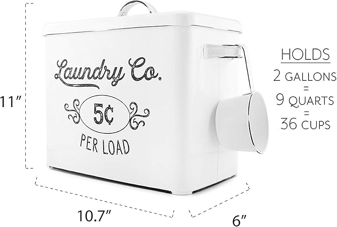 AuldHome Design Farmhouse Laundry Powder Container White Enamelware Detergent Bin w/Scoop