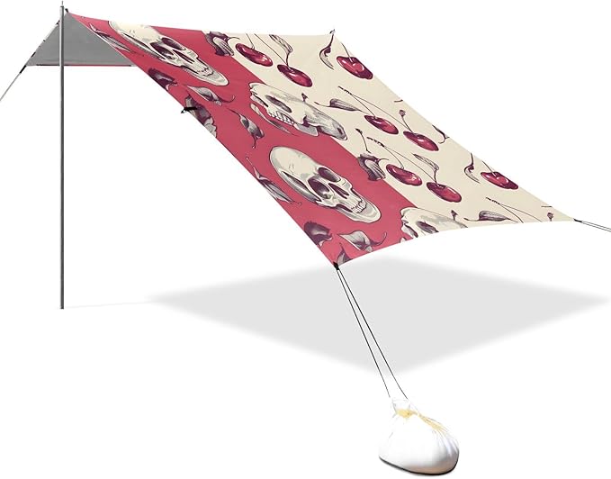 ALAZA Retro Cherry Skull Beach Tent Sun Shelter UPF50+ Protection Beach Shade Canopy w/ 4 Sandbags for Outdoor Camping Fishing Backyard Fun Picnic 10x9 ft