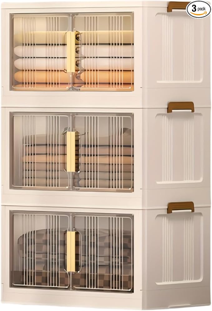 Storage Bins with Lids 3 Tier 180 QT Stackable Plastic Storage Bins Foldable Storages Boxes with Magnetic Doors and Wheels for Clothes Snacks Books Folding Containers for Home Office