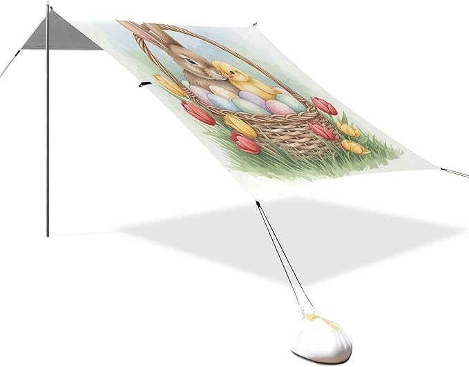 Easter Bunny Beach Canopy Sun Shelter with Sandbags &amp Sand Shovel &amp Windproof Ropes - Portable 110x126 Beach Shade Beach Tent for Camping Picnics