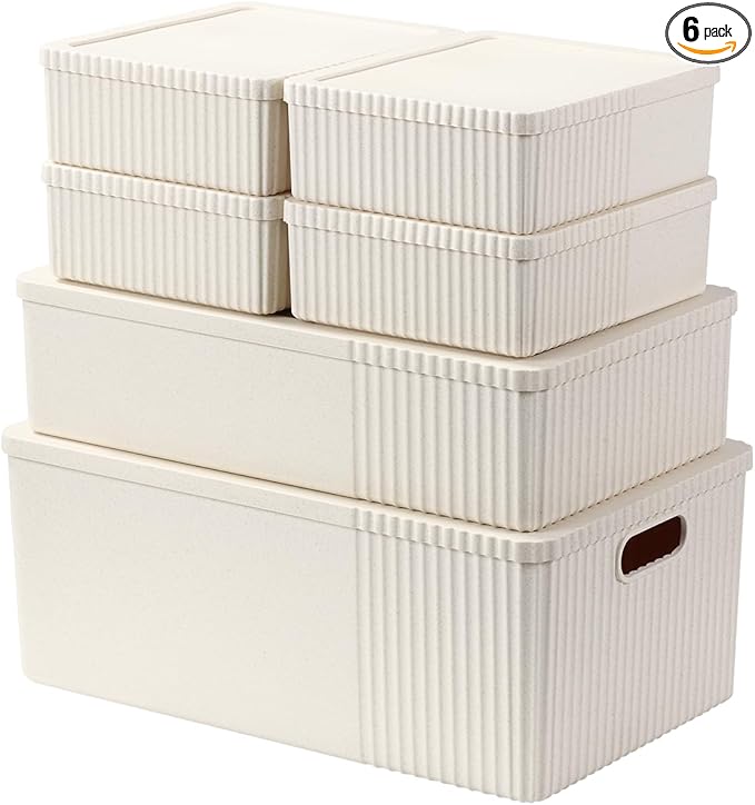 6 Pack Plastic Storage Bins with Lids - Nestable &amp Stackable Organizer Baskets for Pantry Closet &amp Shelves - Decorative Storage Containers Set (S/M/L 3 Sizes) - BPA Free