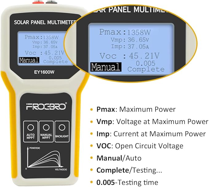 FrogBro Upgrade Solar Panel Tester Photovoltaic Multimeter Upgrade 1600W with Ultra Clear LCD Smart MPPT Open Circuit Voltage Troubleshooting Utility Tool for Solar PV Testing (LCD 1600W)