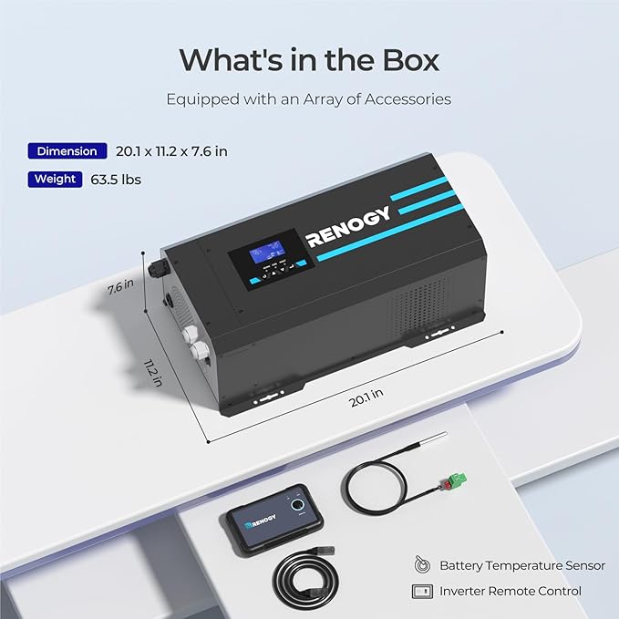 Renogy 3000w Pure Sine Wave Inverter Charger 12V DC to 120V AC Surge 9000w for Off-Grid Solar RV Boat Home w/LCD Display Auto Transfer Switch Compatible with Lithium Battery