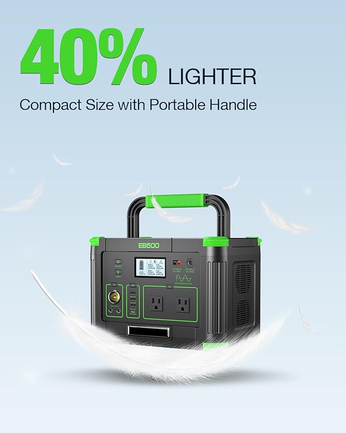 500W Portable Power Station 512Wh Solar Generator with 60W USB-C PD Output Built-in BMS 110V Pure Sine Wave AC Outlet Backup Lithium Battery for Outdoors Camping Travel Emergency (Peak 1000W)