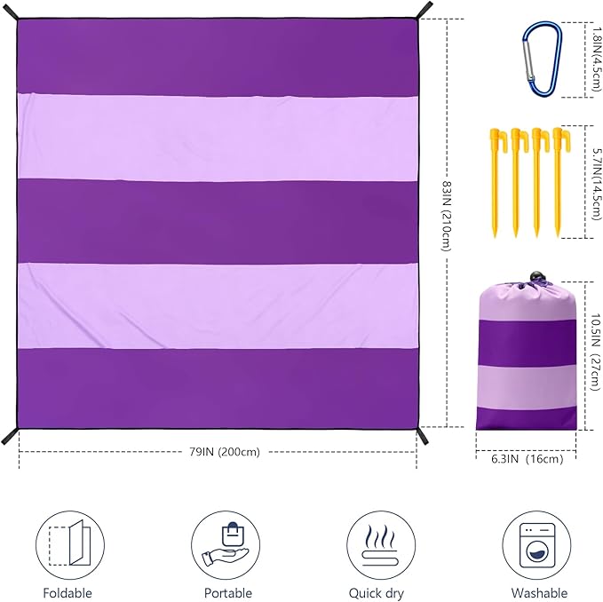 Beach Blanket Waterproof Sandproof Beach Mat 79 X 83/10'x9'for 2-8 Adults Quick Drying Outdoor Picnic Mat Beach Accessories for Travel Camping Hiking