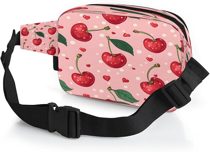 Polka Dot Heart Cherry Waterproof Fanny Pack for Women Men Adjustable Waist Bag with Double Zipper Pockets Lightweight Square Hip Pack for Running Travel Hiking Workout Cycling