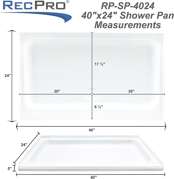 RecPro RV 40 x 24 White Shower Pan | Camper Shower Pan (Center Drain)
