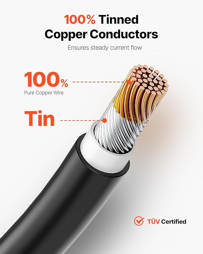 VEVOR 100FT Solar Panel Wire 10AWG Tinned Copper PV Cable 6mm² IP67 Waterproof XLPE Insulation Outdoor Extension Cord for RV Boat Home Solar Black