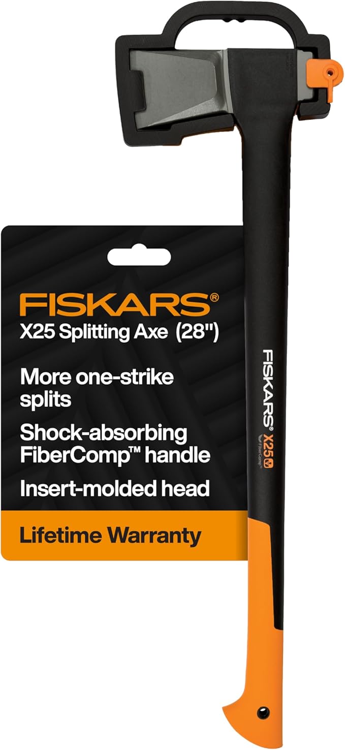 Fiskars X25 Splitting Axe 28 Wood Splitting Axe for Medium to Large Size Logs with Shock Absorbing Handle and Sheath Split Firewood Forged Steel Blade Bushcraft Gear and Camping Hatchet